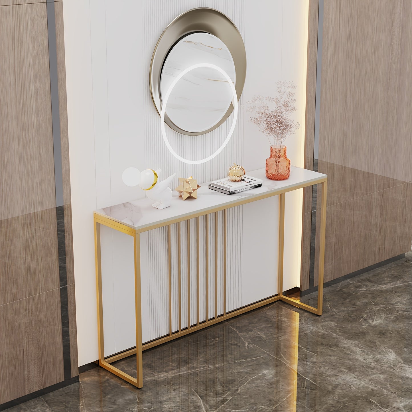 Sidetable – Consolle Tafel – Wandtafel – Haltafel – Dressoir – Wit Sintered Stone Blad – Gouden Metalen Frame – 120x30x79 cm – Krasbestendig & Onderhoudsvriendelijk