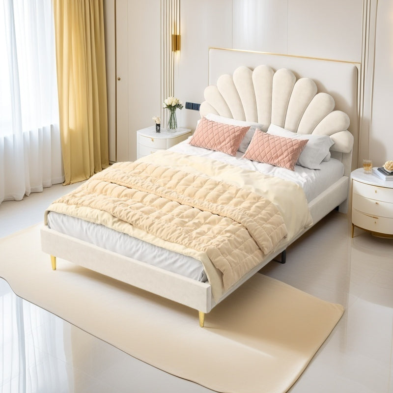 Double Bed Frame with Slatted Base and Headboard, 140 x 200 cm, Velvet, for Bedroom, bbbgddsbb (Mattress Not Included). 4fa54f6e