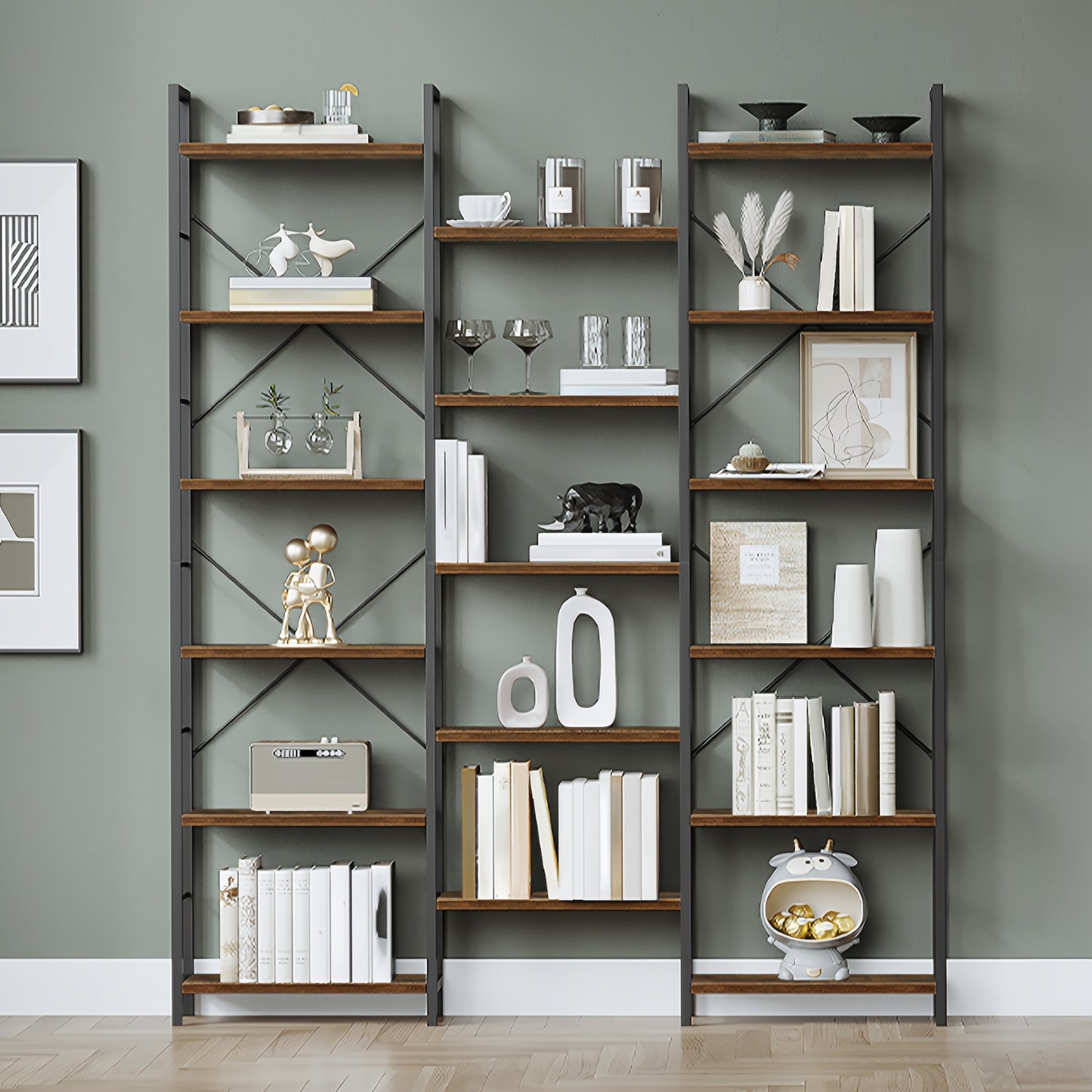 Boekenrek – Boekenkast – Wandrek – Vakkenkast – Opbergrek – Verstelbare Planken – 17 Planken op 6 Niveaus – 24 x 152 x 186 cm – Max. Draagkracht 340 kg – Retro Bruin/Zwart