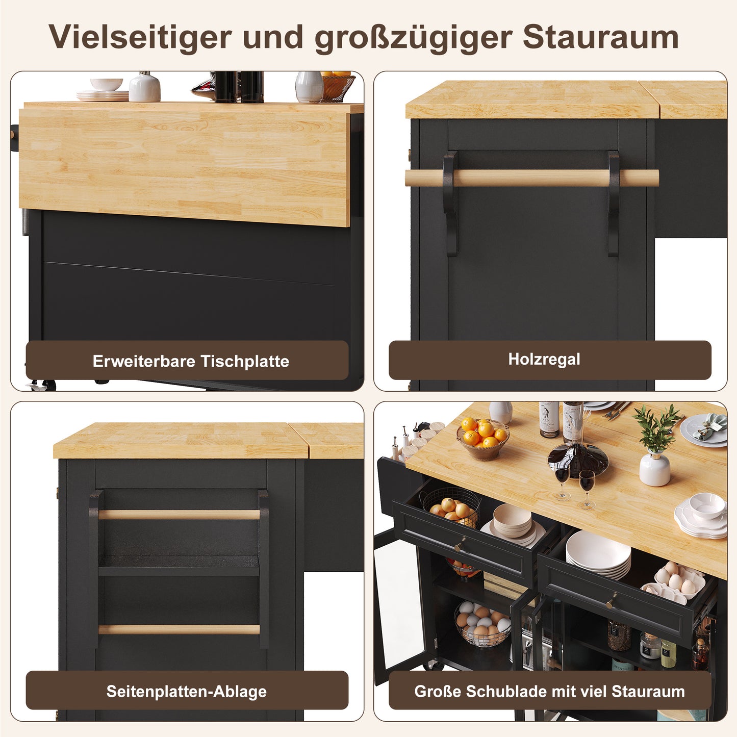 Keukenwagen – Serveerwagen – Barwagen – Opbergwagen – Mobiele Keukenwagen – Met Glazen Deuren – Grote Lade – Wieltjes Met Remmen – Duurzaam MDF Houtpanelen – Uitklapbaar Werkblad