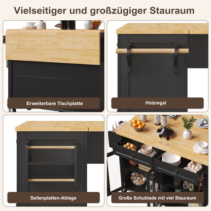 Keukenwagen – Serveerwagen – Barwagen – Opbergwagen – Mobiele Keukenwagen – Met Glazen Deuren – Grote Lade – Wieltjes Met Remmen – Duurzaam MDF Houtpanelen – Uitklapbaar Werkblad