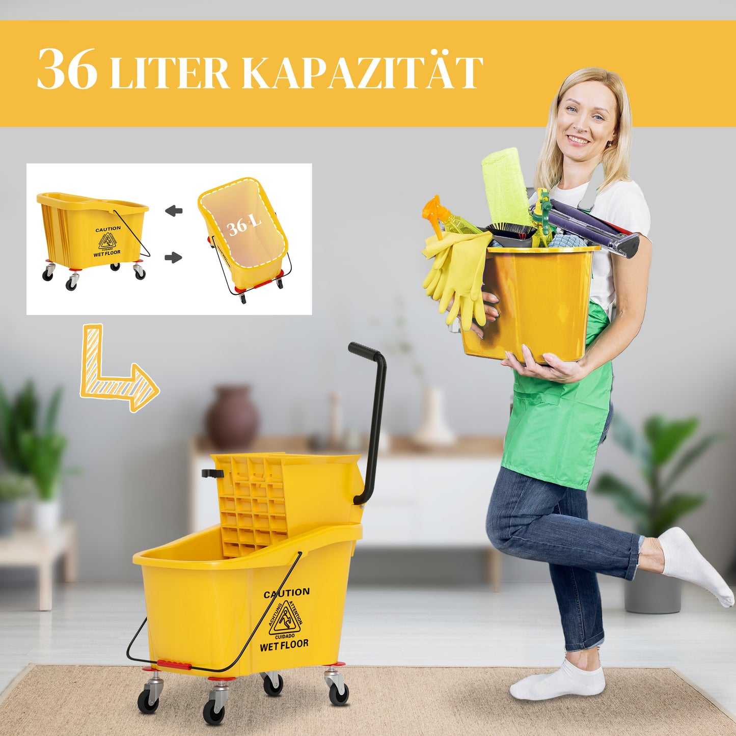 Emmer op Wielen – Mopemmer – Dweil Emmer – Schoonmaak Emmer – Emmer met Wringer – 36 Liter Inhoud – Duurzaam Kunststof Geel