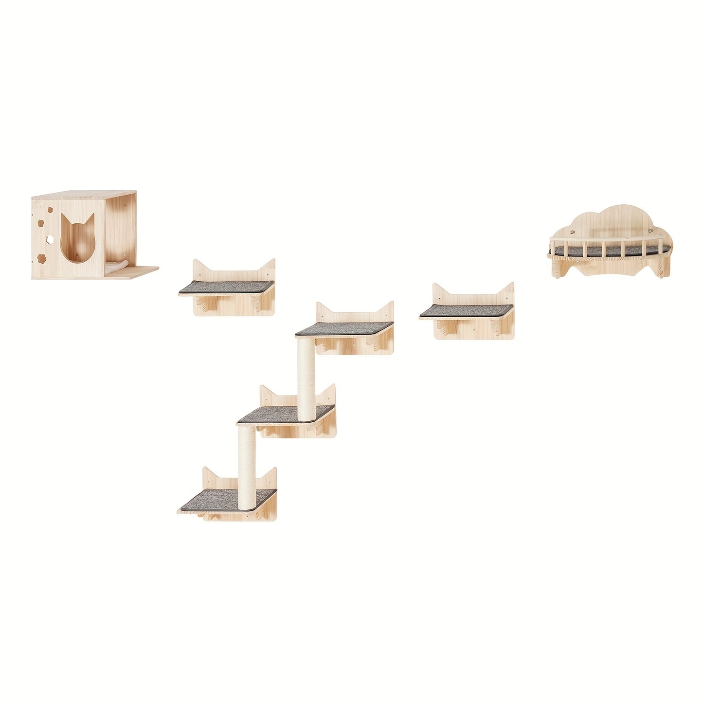 Kattenwandplanken – Kattenplankenset – Klimplanken Kat – Kattenmeubel – Hangmat Kat – Set Van 5 Stuks – Stevig Hout – Compleet Met Montagemateriaal