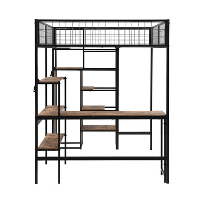 Hoogslaper Bed – Stapelbed – Halfhoogslaper – Bedframe – Bed met Bureau – 140x200 cm – Metaal en MDF – Met Opbergruimte en Kledingkast – Zwart