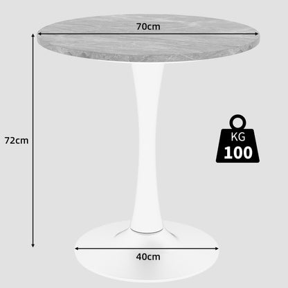 Ronde Salontafel – Bijzettafel – Koffietafel – Eettafel – Tafel – Kunstmarmer Blad – Lichtgrijze IJzeren Poot – 70 cm Diameter – Geschikt voor 2-4 Personen