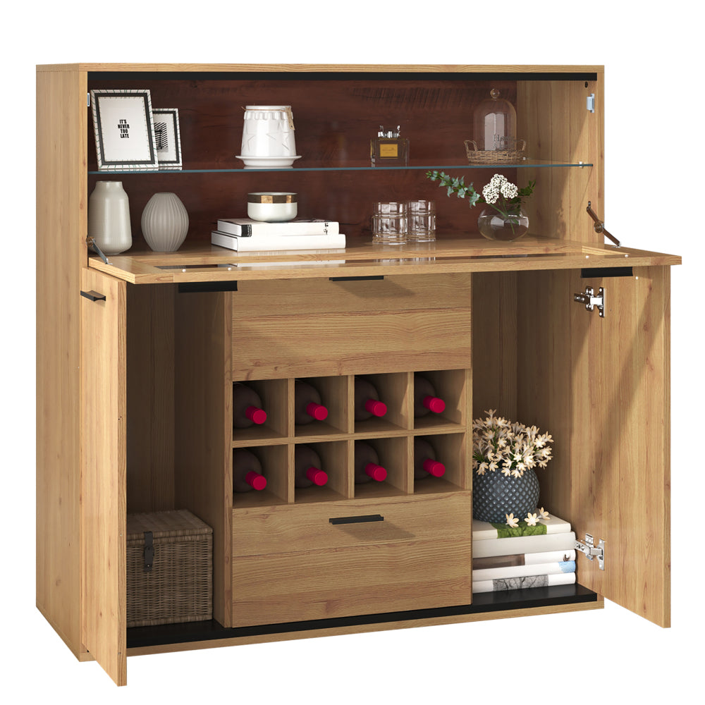 Dressoir – Opbergkast – Buffetkast – Ladekast – Kast – Rustiek Design – Dubbele Deuren & Wijnrek – 110x111x38 cm Natuurlijk