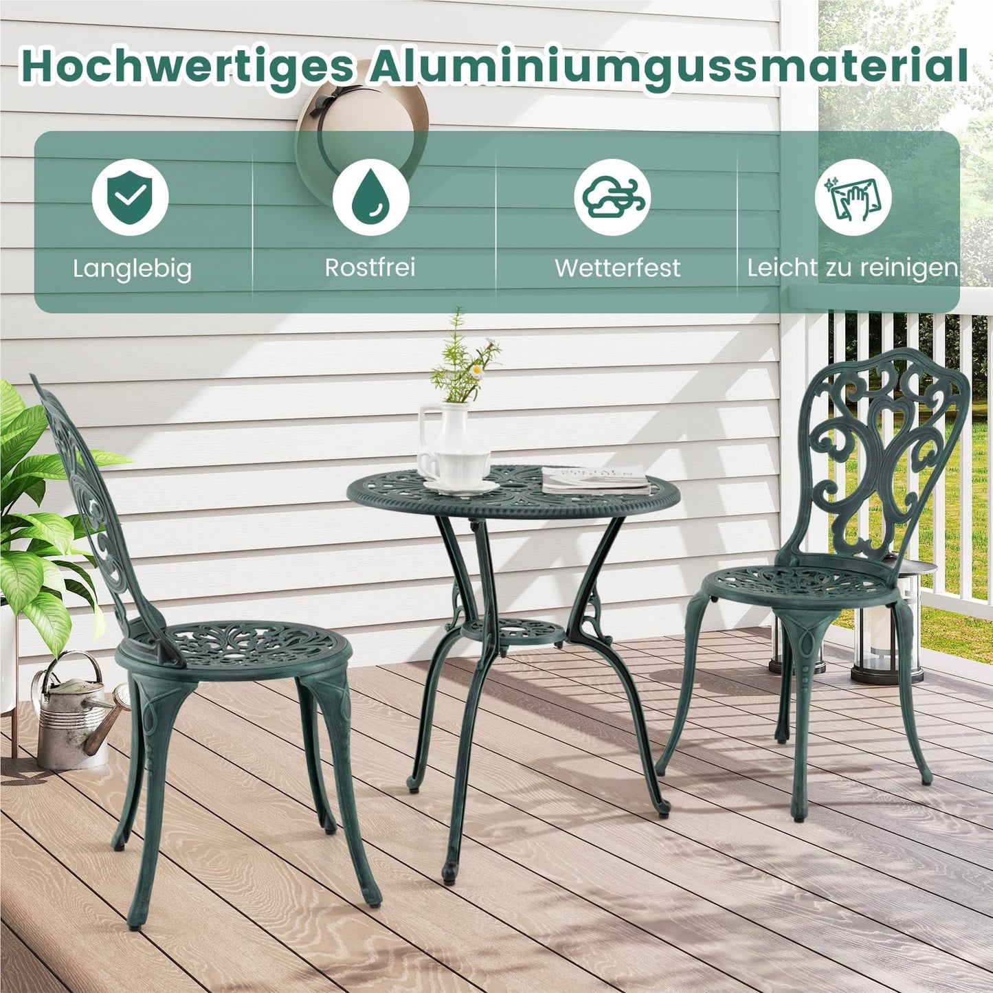 Tuinset – Bistroset – Balkonset – Loungeset – Tuinmeubelset – Weerbestendig Aluminium – Parasolhouder – Groen
