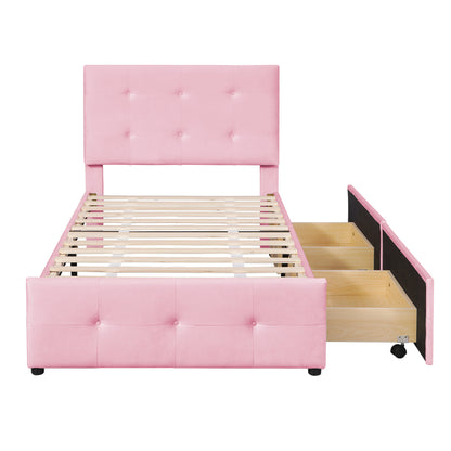 Eenpersoonsbed – Bed – Slaapbank – Kinderbed – Logeerbed – Roze Bekleding – Twee Opberglades – Laag Laagstaand Frame – Volledig Gemonteerd
