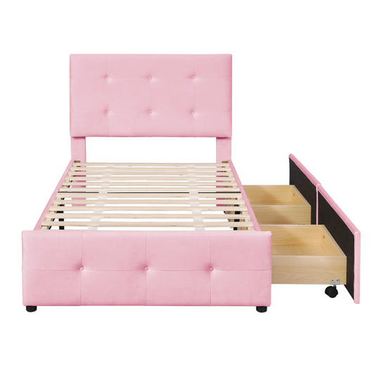 Eenpersoonsbed – Bed – Slaapbank – Kinderbed – Logeerbed – Roze Bekleding – Twee Opberglades – Laag Laagstaand Frame – Volledig Gemonteerd