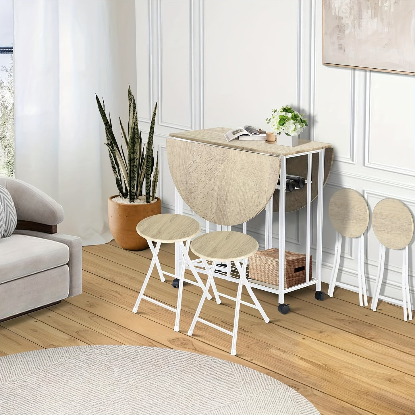 Eettafelset – Eettafel Meubelset – Eethoek – Keukentafelset – Zitgroep – Inklapbare Tafel Met Opbergruimte – Massief Hout & Metaal – Compact Rond/Rechthoekig – Wit & Natuurlijke Houtkleur – Modern Design – Stevig & Ruimtebesparend