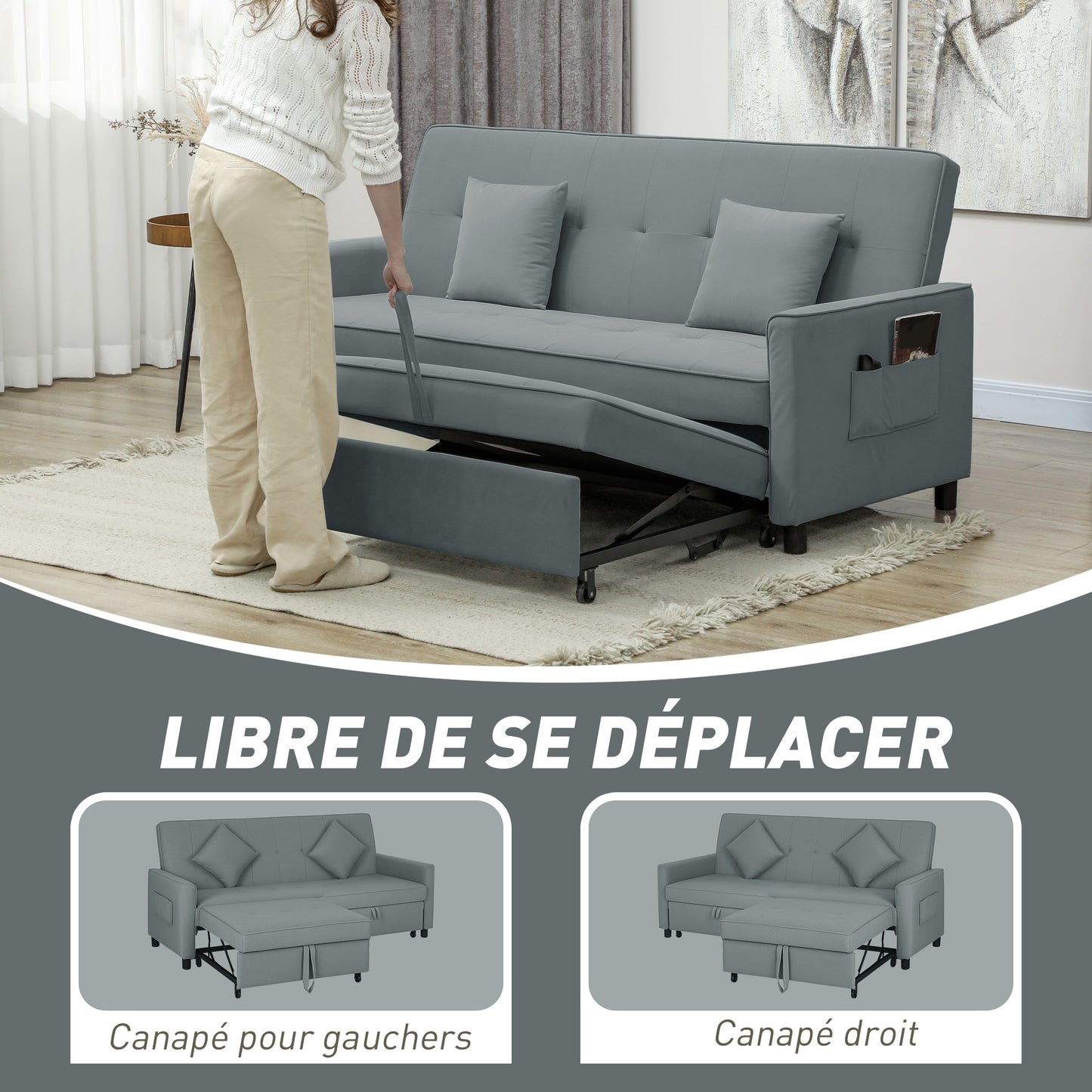 Slaapbank – Bedbank – Bankbed – Logeerbed – Sofa – 3-zits – Velours Bekleding – Verstelbare Rugleuning