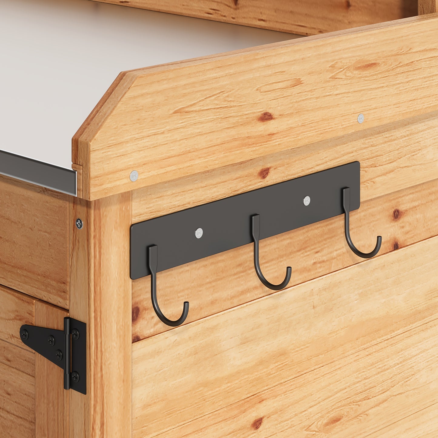 Tuinwerkbank – Werktafel Tuinieren – Plantentafel Met Opbergruimte – Tuinkast Met Planken – Werkbank Met Metalen Werkblad – Houtkleur Variant – Stevig Metalen Werkblad – Handige Zijhaken