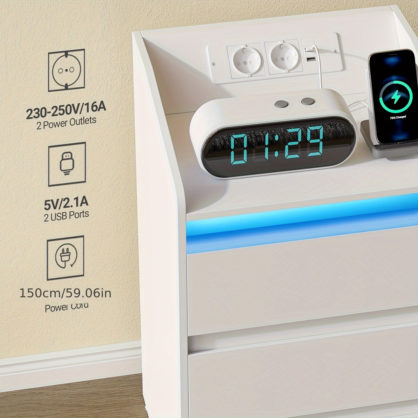 Nachtkastje – Bedkastje – Bijzettafel – Nachtkastjeset – Smalle Nachtkastjes – Set Van 2 – Oplaadstation Met 2 AC- & 2 USB-poorten – LED-Verlichting Met Afstandsbediening