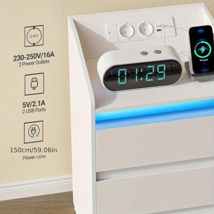 Nachtkastje – Nachtkastjes – Bijzettafel – Opbergkast – Kast – Met 3 Lades – Oplaadstation met 2 AC & 2 USB – LED-verlichting – Wit – Smal – MDF Hout