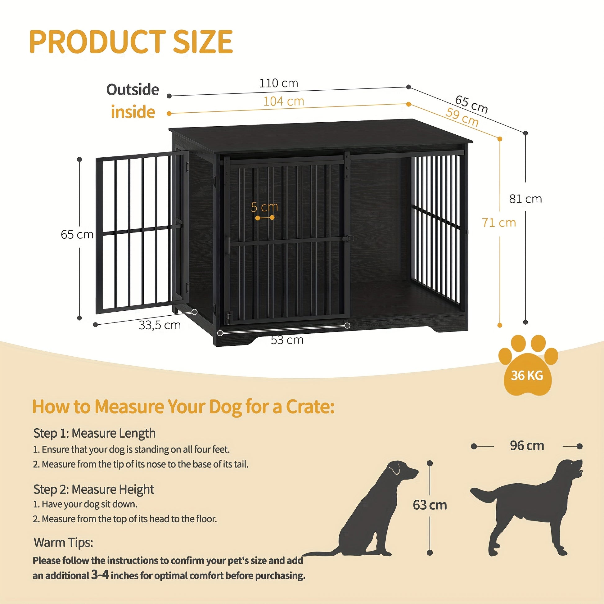 Hondenkennel – Hondenhok – Hondenbench – Hondenkooi – Binnenkennel – Met 2 Schuifdeuren – Geschikt Voor Honden Tot 100 Kg – Stevig Met Hout en Metaal – Modern Design 65x110x81 cm - QUORE