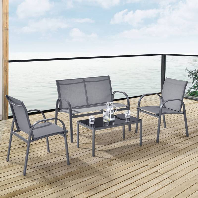 Tuinset – Tuinmeubelset – Bistroset – Loungeset – Balkonset – Stalen Frame – Glasplaat Tafel – Lichtgrijs – 2 Persoons Bank – 2 Stoelen