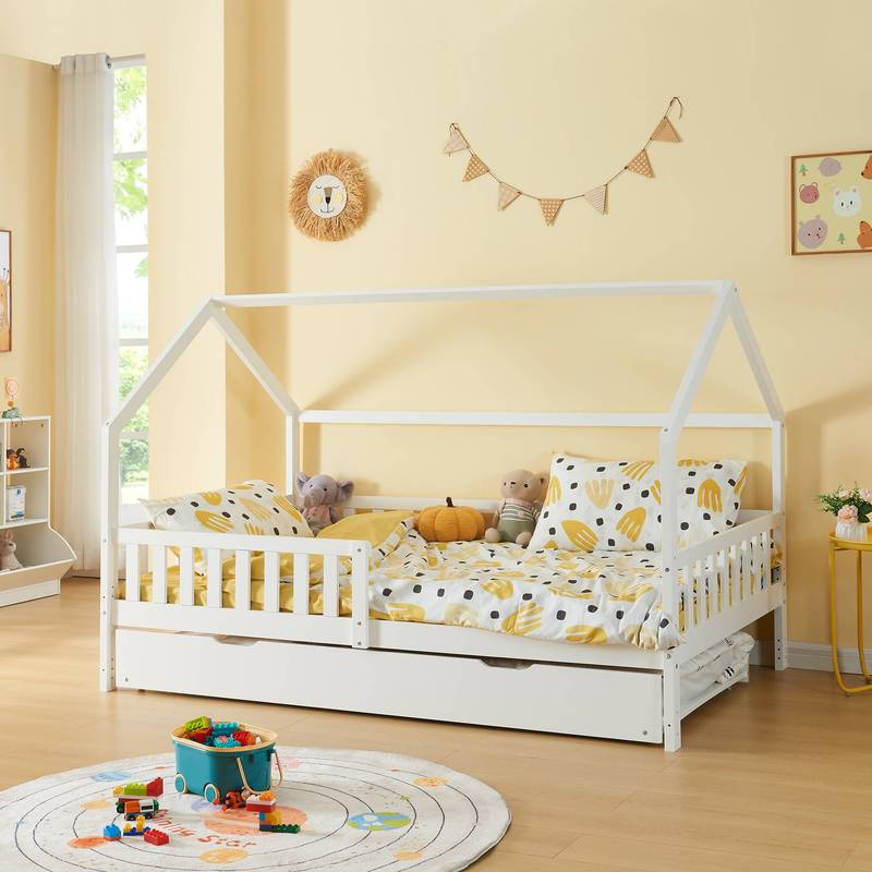 Uittrekbaar Onderschuifbed – Bedlade – Logeerbed – Opbergbed – Rolluikbed – Met Wieltjes – Massief Grenenhout – 197x94x22 cm – Wit