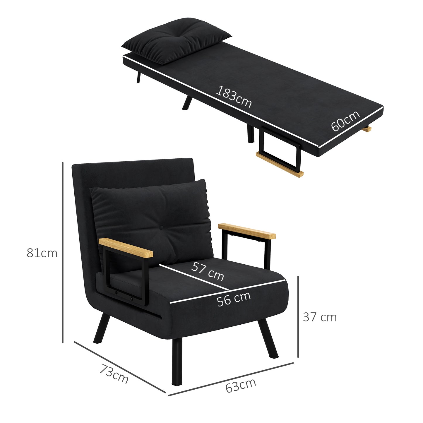 Stoelbed – Slaapstoel – Fauteuil – Slaapfauteuil – Ligstoel – 4-in-1 Multifunctioneel – Verstelbare Rugleuning 5-Posities – Fluweelachtige Stof – Stevig Metalen Frame – Zwart