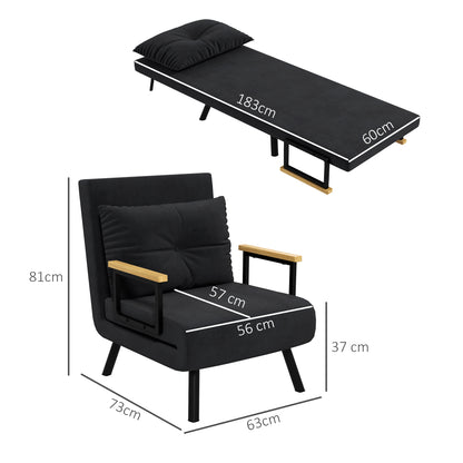 Stoelbed – Slaapstoel – Fauteuil – Slaapfauteuil – Ligstoel – 4-in-1 Multifunctioneel – Verstelbare Rugleuning 5-Posities – Fluweelachtige Stof – Stevig Metalen Frame – Zwart