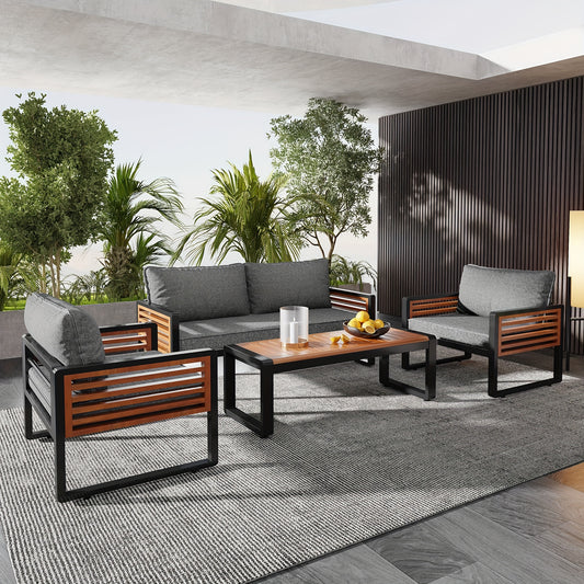 Tuinlounge Set – Tuinmeubelset – Loungeset – Zitgroep – Tuinbank – 4-Delig – Gegalvaniseerd IJzer Frame – Grijs Met Houten Armleuningen
