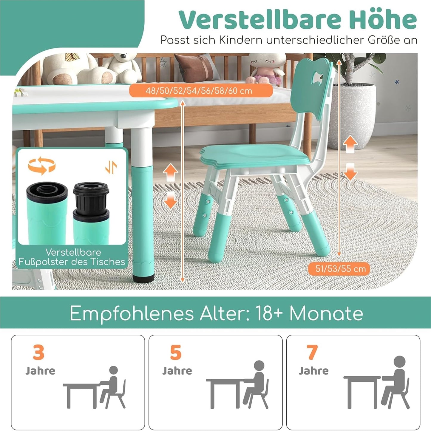 Verstelbare Kindertafel – Kinderbureau – Tafelset – Speeltafel – Eettafel – Met 4 Ergonomische Stoelen – Graffiti Tafelblad – Hoogte Verstelbaar – Veilig & Duurzaam – Groen