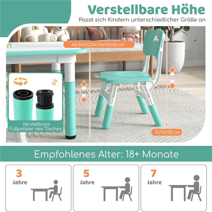 Verstelbare Kindertafel – Kinderbureau – Tafelset – Speeltafel – Eettafel – Met 4 Ergonomische Stoelen – Graffiti Tafelblad – Hoogte Verstelbaar – Veilig & Duurzaam – Groen