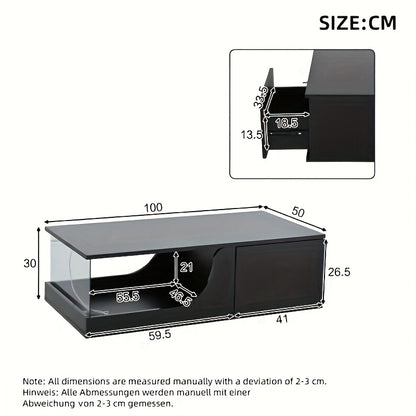 Salontafel – Coffee Table – Sofa Table – Woonkamertafel – Bijzettafel – Modern Design – Glas Tafelblad & Zwart Metaal Frame – 2 Lades Met Kastdeurtje – Compact & Praktisch