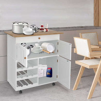Keukenwagen – Mobiele Keukentrolley – Keukenwagen op Wieltjes – Keukenkastje – Keukenkar – Wit – Compact 68x39x85 cm – Met Werkblad en Remmen