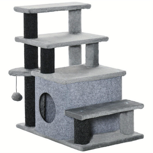 Krabpaal – Kattenboom – Kattenhuis – Kattenmeubel – Krabmeubel – Verstelbare 3-4 Treden – Zachte Beklede Trap – Stevig Spaanplaat – Met Knusse Slaapcave