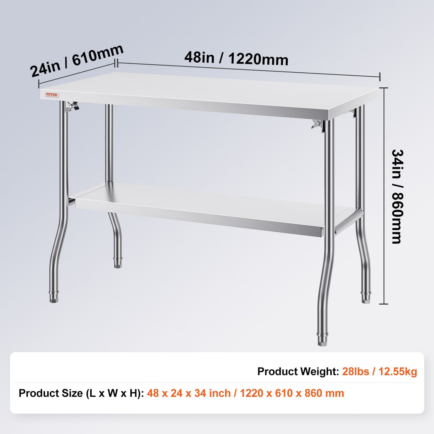 Werktafel Roestvrij Staal – Inklapbare Tafel – Keukentafel – Werkbank – Cateringtafel – 48 x 24 Inch – SUS201 RVS – 350 Kg Draagvermogen
