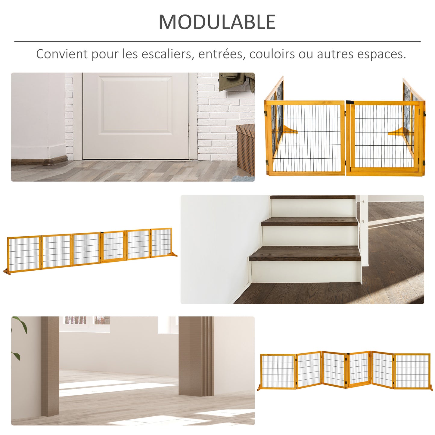 Hondenhekje – Hondenhek – Huisdierhek – Traphekje – Dierenhek – Modulair Inklapbaar Design – Massief Dennenhout met Stabiele Voeten – 432 x 36 x 70 cm – Geel