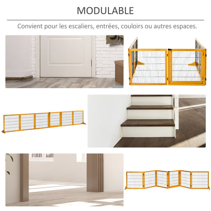 Hondenhekje – Hondenhek – Huisdierhek – Traphekje – Dierenhek – Modulair Inklapbaar Design – Massief Dennenhout met Stabiele Voeten – 432 x 36 x 70 cm – Geel