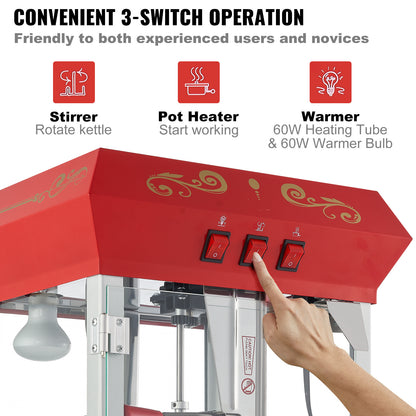 Popcornmachine – Popcornmaker – Popcornmachine met Kar – Popcorn Popper – Professionele Popcornmachine Rood – 850W Vermogen – Ketelcapaciteit 230g