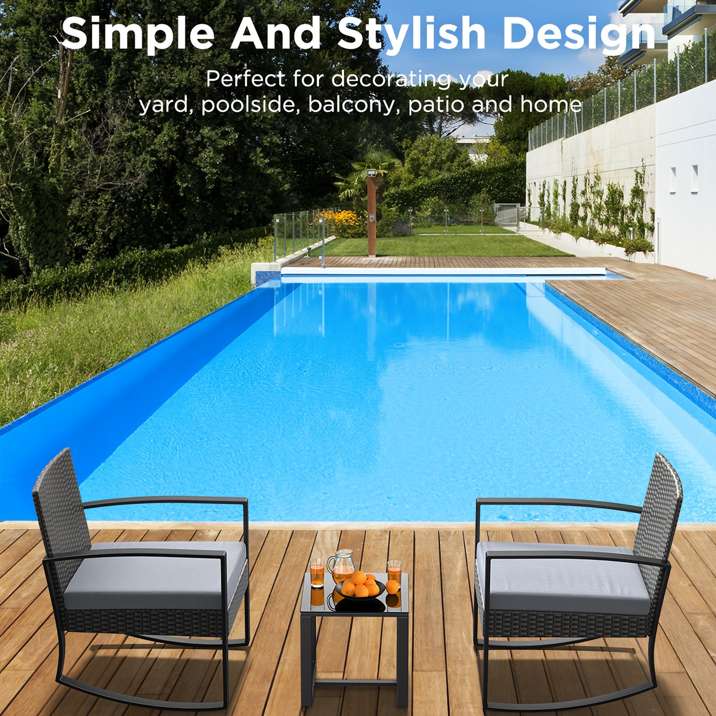 3pcs All-Weather PE Rattan Outdoor Furniture Set with Cushions - Modern Wicker Sofa, 2 Armchairs & Coffee Table, Beige/Gray/Blue Color Options, Heavy-Duty Metal Frame & High Quality Tempered Glass Tabletop for Patio, Balcony,