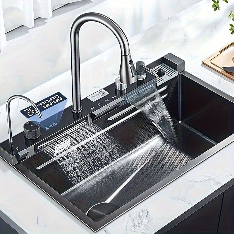 Black Nano Countertop 304 Stainless Steel Waterfall Single Bowl Sink Workstation, with Multifunctional Digital Display Feiyu Pull-out  (gunmetal Gray, 68x45x22cm)
