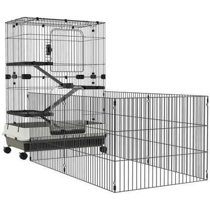 Kooi Kleine Huisdieren – Dierenkooi – Rattenkooi – Knaagdierkooi – Konijnenkooi – Drie Verdiepingen Met Ramps – Uitneembare Metalen Onderplaat – Zwart – 182x81x114 cm – Stevig Metaal