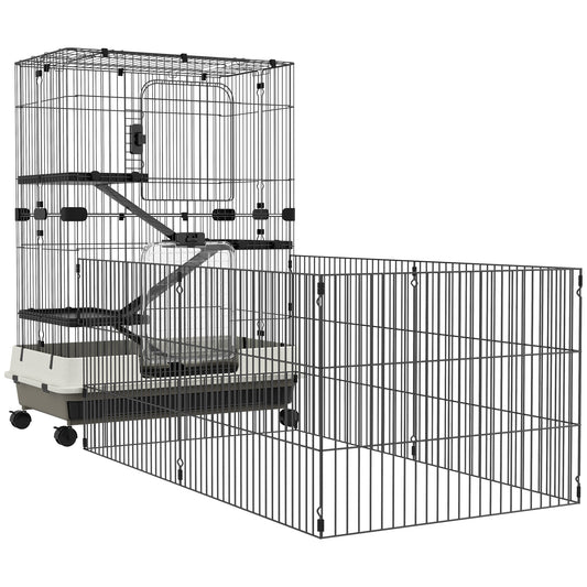 Kooi Kleine Huisdieren – Dierenkooi – Rattenkooi – Knaagdierkooi – Konijnenkooi – Drie Verdiepingen Met Ramps – Uitneembare Metalen Onderplaat – Zwart – 182x81x114 cm – Stevig Metaal