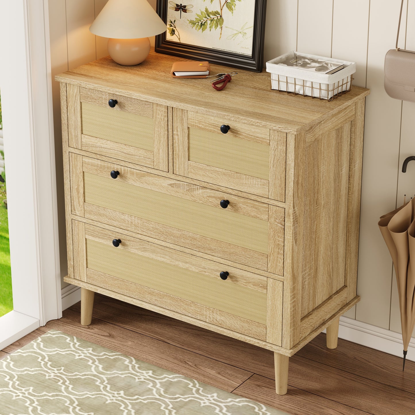Ladekast – Opbergkast – Commode – Dressoir – Kast – Rattan Voorpanelen – Massief Houten Pootjes – 4 Ruime Lades – Compact 80 cm Breed