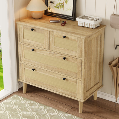 Ladekast – Opbergkast – Commode – Dressoir – Kast – Rattan Voorpanelen – Massief Houten Pootjes – 4 Ruime Lades – Compact 80 cm Breed