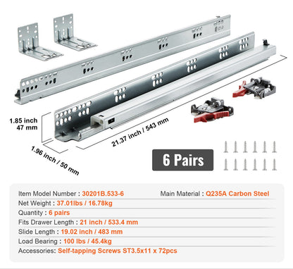 Ladegeleiders – Laderails – Ladegeleiderrails – Ladegeleiderrail – Ladegeleiderhulpstukken – 21 inch – Volledig Uittrekbaar – Softclose Demping