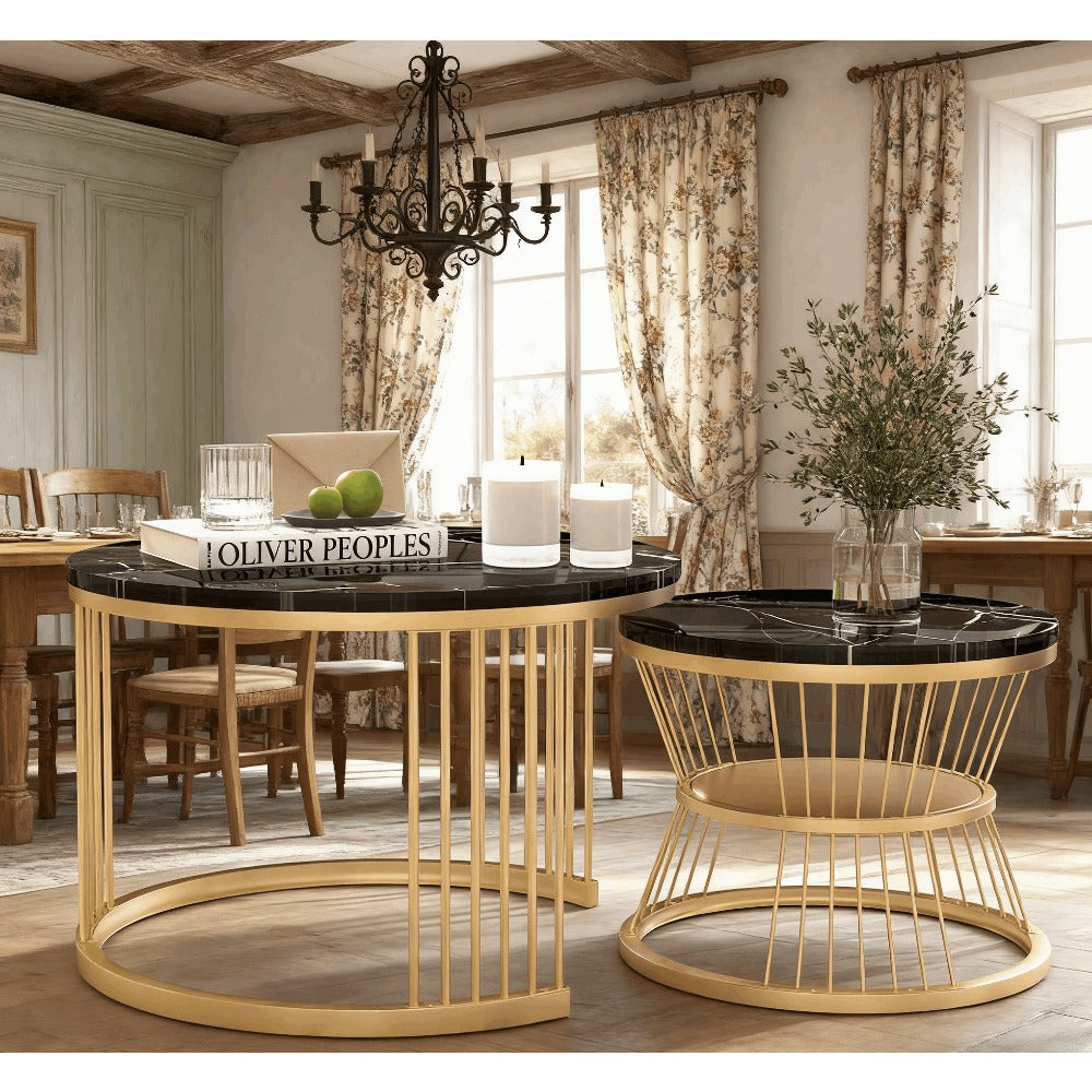 Salontafel – Bijzettafel – Nesting Tafel – Woonkamertafel – Balkon Salontafel – Metaal Frame – Marmerlook – Set Van 2 – Ronde Bladen – Ruimtebesparend – Lichtgewicht