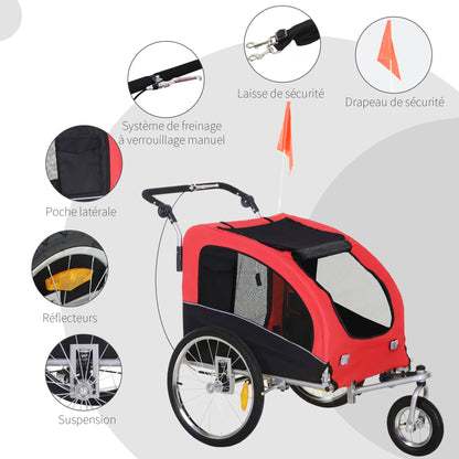 Fietskar Huisdieren – Hondenfietskar – Fietsaanhanger – Jogger – Hondenbuggy – 2-in-1 Ontwerp – Waterafstotend 600D Oxford – 360° Draaibaar Voorwiel – Veiligheidsharnas – Reflectoren – Rood/Zwart
