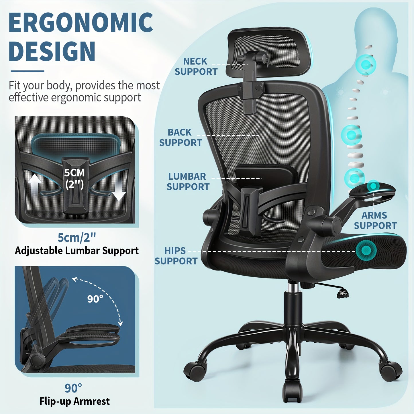 Ergonomische Bureaustoel – Kantoorstoel – Draaistoel – Werkstoel – Gamestoel – Verstelbare Lendensteun – 360° Rotatie – Donkergrijs