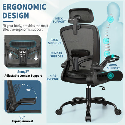 Ergonomische Bureaustoel – Kantoorstoel – Draaistoel – Werkstoel – Gamestoel – Verstelbare Lendensteun – 360° Rotatie – Donkergrijs