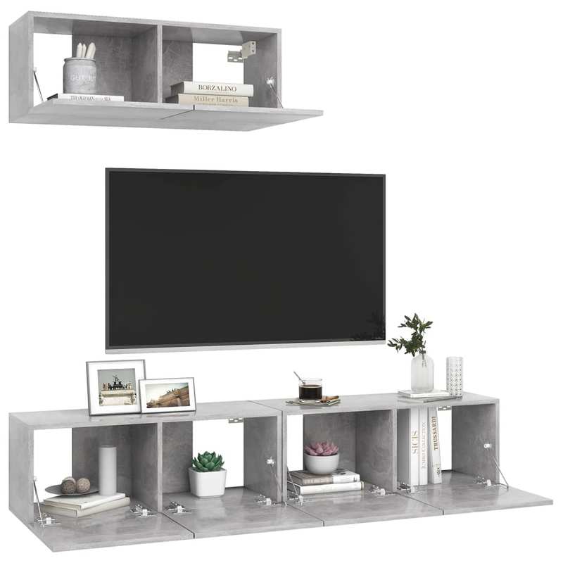 3pcs Modern Concrete Gray TV Stand with Storage Cabinet - Heavy-Duty Hardwood Construction, Freestanding Floor Cabinet with Open & Closed Shelving, Space-Saving Design for Living Room, Bedroom, Home Office - Sturdy Media Cons