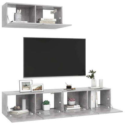 3pcs Modern Concrete Gray TV Stand with Storage Cabinet - Heavy-Duty Hardwood Construction, Freestanding Floor Cabinet with Open & Closed Shelving, Space-Saving Design for Living Room, Bedroom, Home Office - Sturdy Media Cons