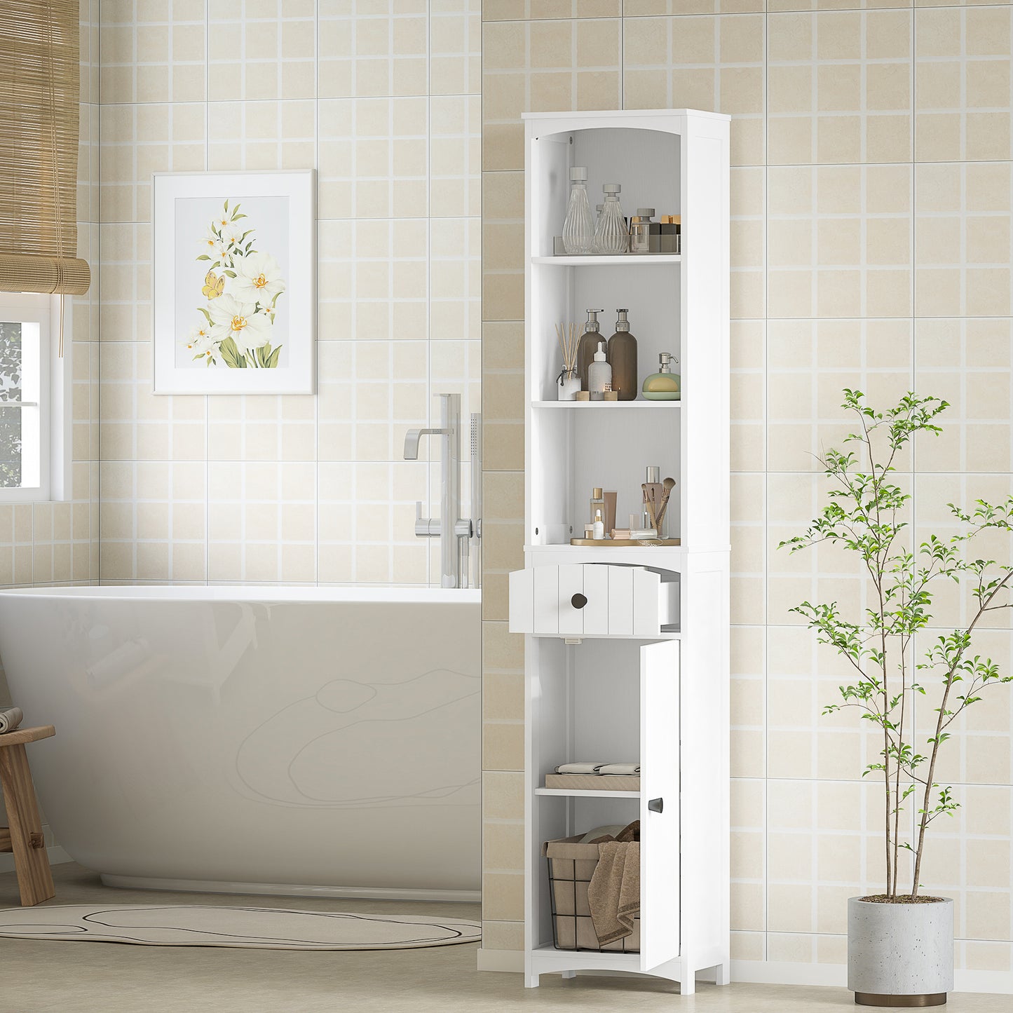 Badkamerkastje – Badkamermeubel – Opbergkastje – Toiletkast – Witte kast – 3 Ruime Planken – 1 Lade – Duurzaam MDF – Compact Vrijstaand Design