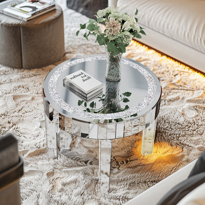 Bijzettafel – Salontafel – Nachtkastje – Tafeltje – Bijzettafeltje – 60x60x50 cm – Spiegelend Glas – Hardhouten Onderstel