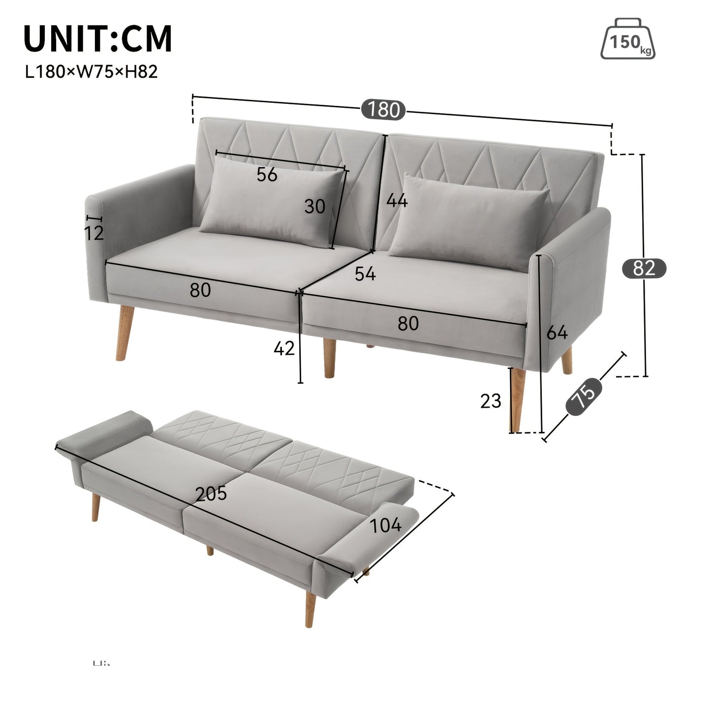 2-zitsbank – Loveseat – Slaapbank – Sofa – Compacte Bank – Verstelbare Rugleuning – Fluwelen Bekleding – Slaapfunctie – 180x75x82 cm – Inclusief Kussens