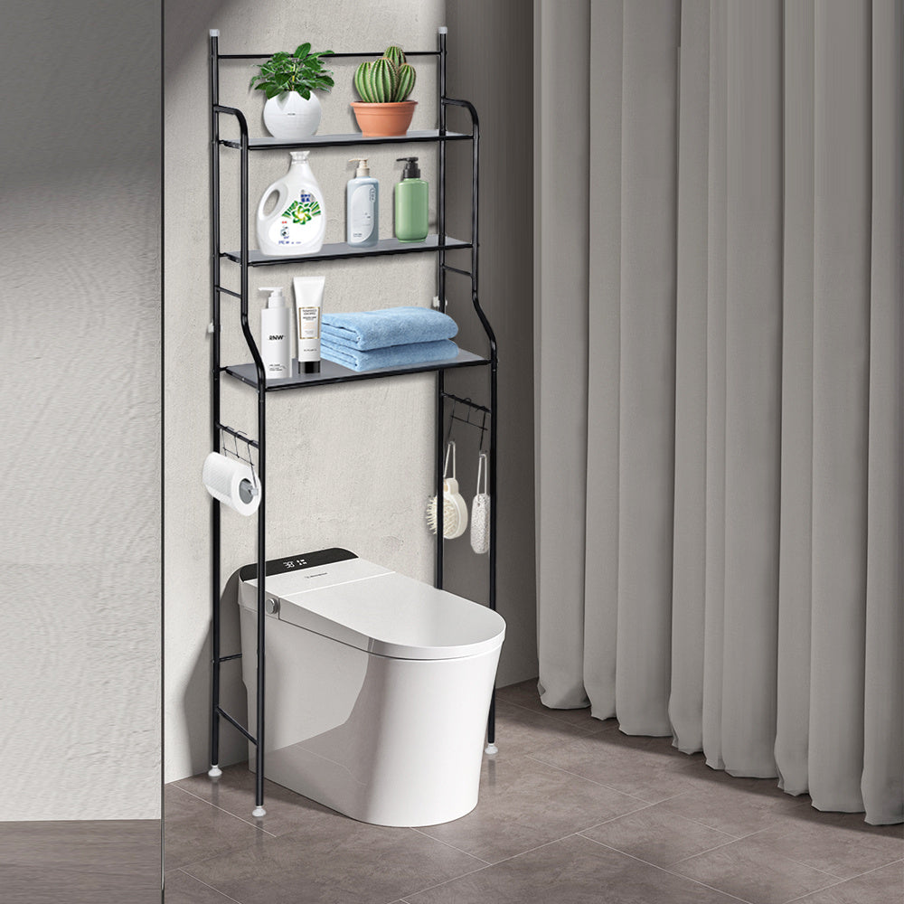 Toiletkastje – Badkamerkastje – WC Kastje – Opbergkast – Toiletmeubel – Zwart Metalen Frame – 165x55x26 cm – 3 Ruime Planken